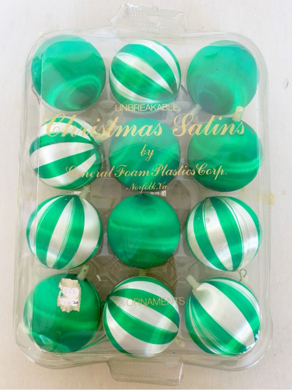 Vintage Green Striped Satin Sheen Holiday Christmas Ornaments Set of 12